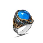 Oval Aqua Zirkon Taşlı Kompakt Tasarım 925 Ayar Gümüş Erkek Yüzük