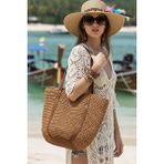 Oval Deri Tabanlı Deri ve Hasır Saplı Çıtçıtlı Astarlı Yumuşak Sahil Plaj Beach Ithal Hasır Çanta - Camel
