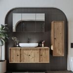 Oval Lavabolu Mat Mdf 120 cm Çekmeceli Banyo Dolabı + Aynalı Üst Dolabı + Boy Dolabı - Atlantik Çam