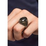 Oval Siyah Taşlı Yaprak Desen 925 Erkek Gümüş Yüzük