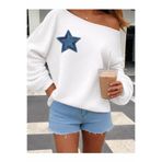 OVER HEAD Kadın Mavi Yıldız Baskılı Kayık Yaka Oversize Sweatshirt