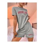 over head oh Kadın Gri Brooklyn 1898 Baskılı Oversize Şort T-shirt Alt-Üst Takım