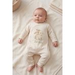 Overoz Erkek / Kız Bebek Patiksiz Tulum Tavşan Baskılı Çıtçıtlı Ekru Zıbın Tulum 5962