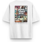 Overoz Gta San Andreas Sırt Baskılı Yarı Oversize Beyaz T-Shirt 1364 - XL