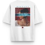 Overoz Kadın Portre Distant Sırt Baskılı Yarı Oversize Unisex Beyaz Tshirt 1348 - 2XL