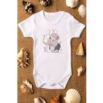 Overoz Organik%100 Pamuk Baba Oğul Fil Baskılı Kısa Kollu Bebek Çıtçıtlı Body Badi Zıbın Tulum 5447, 12-18 AY