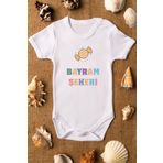Overoz Organik%100 Pamuk Bayram Şekeri Yazılı Bebek Body Beyaz Çıtçıtlı Badi Zıbın 5208, 3-6 AY