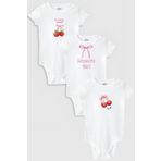 Overoz Organik%100 Pamuk Çilek Kiraz 3'lü Bebek Body Set Beyaz Badi Çıtçıtlı Zıbın Üçlü 5798-5799-5800, 0-3 AY
