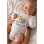 Overoz Organik%100 Pamuk Good Vibes Baskılı Uzun Kollu Bebek Çıtçıtlı Body Badi Zıbın Tulum 5387, 0-3 AY