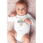 Overoz Organik%100 Pamuk Hello World Baskılı Uzun Kollu Bebek Çıtçıtlı Body Badi Zıbın Tulum 5386, 6-9 AY
