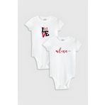 Overoz Organik%100 Pamuk Love Aşk Baskılı 2'li Bebek Body Set Beyaz Çıtçıtlı Badi Zıbın Ikili 5340-5341, 12-18 AY