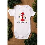 Overoz Organik%100 Pamuk My First Christmas Yılbaşı Yazılı Bebek Body Kısa Kollu Çıtçıtlı Badi Zıbın 5362, 24-36 Ay