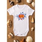 Overoz Organik%100 Pamuk Super Baby Desenli Bebek Body Beyaz Çıtçıtlı Kısa Kollu Badi Zıbın 5194, 0-3 AY