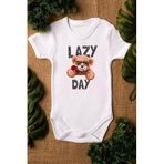Overoz Organik%100 Pamuk Teddy Bear Lazy Day Baskılı Bebek Body Kısa Kollu Badi Çıtçıtlı Zıbın 5292, 6-9 AY