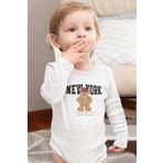 Overoz Organik%100 Pamuk Teddy Bear New York Baskılı Uzun Kollu Çıtçıtlı Bebek Body Badi Zıbın Tulum 5409, 0-3 AY