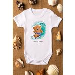 Overoz Organik%100 Pamuk Teddy Bear Sörf Baskılı Bebek Body Kısa Kollu Badi Çıtçıtlı Zıbın 5297, 9-12 Ay