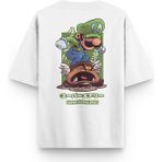 Overoz Super Mario Sırt Baskılı Yarı Oversize Unisex Beyaz Tshirt 1390