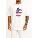 Oversize Amerika Birleşik Devletleri Parmak İzi Bayrak Göğüs Tasarımlı Unisex T-Shirt