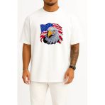 Oversize Amerika Kartalı Ve Amerika Bayrağı Göğüs Tasarımlı Unisex T-Shirt