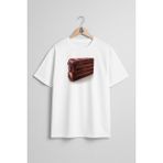Oversize Çikolatalı Kek Göğüs Tasarımlı Unisex T-Shirt - Beyaz - XL