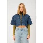 Oversize Crop Fit Sedef Çıtçıtlı Orta Indigo Kadın Jean Ceket - Mavi - XS