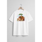 Oversize Dawn Of The Croods Göğüs Tasarımlı Unisex T-Shirt - Beyaz - XL