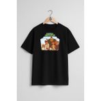 Oversize Dawn Of The Croods Göğüs Tasarımlı Unisex T-Shirt - Siyah - XL