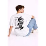 Oversize Erkek Tişört Arkası Baskılı Dragon Japon Style Streetwear Beyaz Grafik
