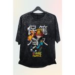 Oversize Fire Force Baskılı Yıkamalı T-Shirt, Unisex Anime Baskılı Vintage Tişört - Siyah
