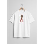 Oversize Karagöz ve Hacivat Göğüs Tasarımlı Unisex T-Shirt - Beyaz
