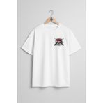 Oversize Kırmızı Bere Kafatası Cep ve Sırt Tasarımlı Unisex T-Shirt - Beyaz