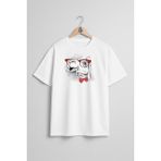 Oversize Komik Deve ve Gözlük ve Papyon Göğüs Tasarımlı Unisex T-Shirt - Beyaz - XL