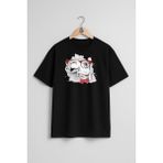 Oversize Komik Deve ve Gözlük ve Papyon Göğüs Tasarımlı Unisex T-Shirt - Siyah - XL