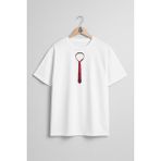 Oversize Kravat Papyon Desenli Göğüs Tasarımlı Unisex T-Shirt - Beyaz