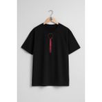 Oversize Kravat Papyon Desenli Göğüs Tasarımlı Unisex T-Shirt - Siyah