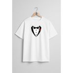 Oversize Papyon Smokin ve Çiçek Göğüs Tasarımlı Unisex T-Shirt - Beyaz