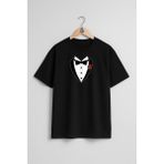 Oversize Papyon Smokin ve Çiçek Göğüs Tasarımlı Unisex T-Shirt - Siyah - XL