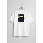 Oversize Polis Çelik Yelek Göğüs Tasarımlı Unisex T-Shirt - Beyaz