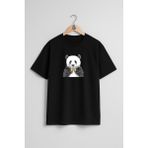 Oversize Sarı Papyon Ile Panda Göğüs Tasarımlı Unisex T-Shirt - Siyah - XL