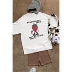 Oversize Strawberry Jams Yazılı Tişört, Unisex Çilek Adam Baskılı Bisiklet Yaka T-Shirt - Beyaz