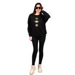 Oversize Sweatshirt Bisiklet Yaka Göz Baskılı Uzun Kollu Sweatshirt Kadın (Siyah, M)