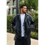 Oversize Vintage Erkek Siyah Deri Ceket - 0 - Siyah - M