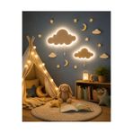 OYART&DESIGN 2'li Bulut Gece Lambası Bebek Çocuk Odası Duvar Dekorasyonu Dekoratif Aydınlatma Ahşap Gece Lambası