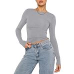 OYIGELZ Crop Tops Y2K Casual Açık Gri-06 Uzun Kollu Yuvarlak Yaka Kadın T-shirt