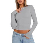 OYIGELZ Crop Tops Y2K Casual Açık Gri-R1 Uzun Kollu Yuvarlak Yaka Kadın T-shirt