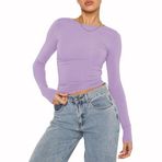 OYIGELZ Crop Tops Y2K Casual Açık Lila-06 Uzun Kollu Yuvarlak Yaka Kadın T-shirt