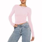 OYIGELZ Crop Tops Y2K Casual Açık Pembe-06 Uzun Kollu Yuvarlak Yaka Kadın T-shirt