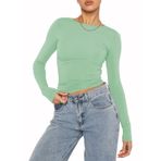 OYIGELZ Crop Tops Y2K Casual Açık Yeşil-06 Uzun Kollu Yuvarlak Yaka Kadın T-shirt