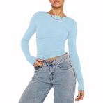 OYIGELZ Crop Tops Y2K Casual Gök Mavisi-06 Uzun Kollu Yuvarlak Yaka Kadın T-shirt