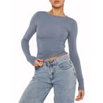 OYIGELZ Crop Tops Y2K Casual Gri Mavi-06 Uzun Kollu Yuvarlak Yaka Kadın T-shirt